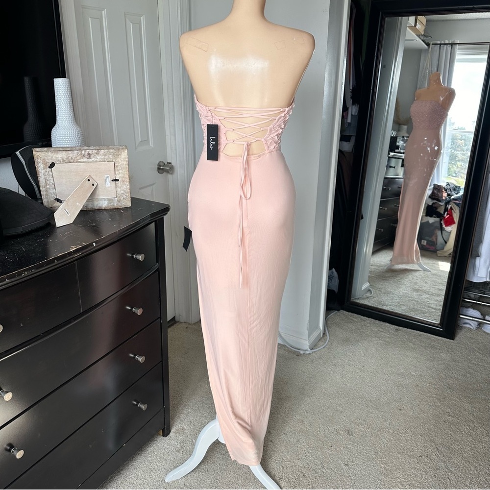 LULU’S STUNNING CONCEPT MESH RHINESTONE STRAPLESS MAXI DRESS - Picture 12 of 16